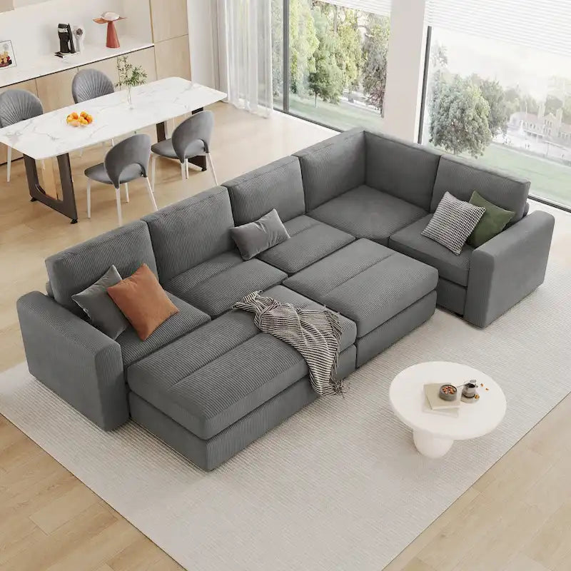 Corduroy Modular Sectional Sofa Bed with Recliner and 2 Movable Ottomans – Perfect for Living Rooms - image 11