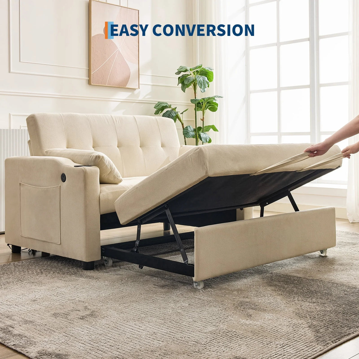 3 in 1 Convertible Sleeper Sofa Bed, Corduroy Futon Couches with Pull-Out Bed, Adjustable Backrest, Charging Port & Side Pockets, Modern Upholstered Sofa for Living Room, Guest Room - image 17