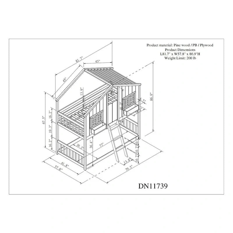 Twin over Twin House Bunk Bed with Roof , Window, Window Box, Door , with Safety Guardrails and Ladder, Grey - image 13
