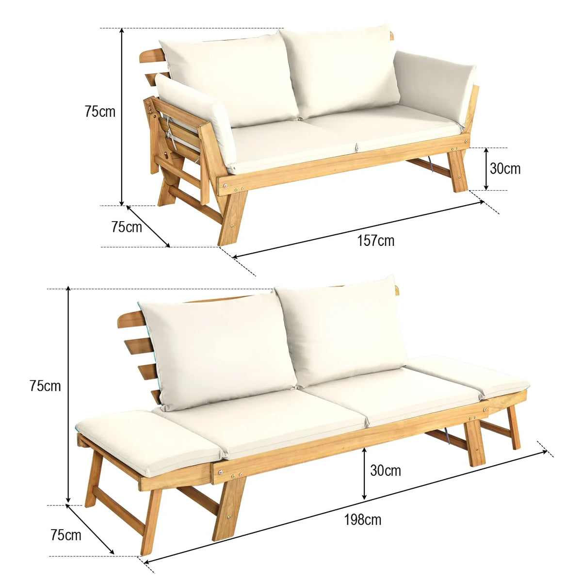 Outdoor Convertible Acacia Wood Daybed, Couch Sofa Bed w/Adjustable Armrest - image 4