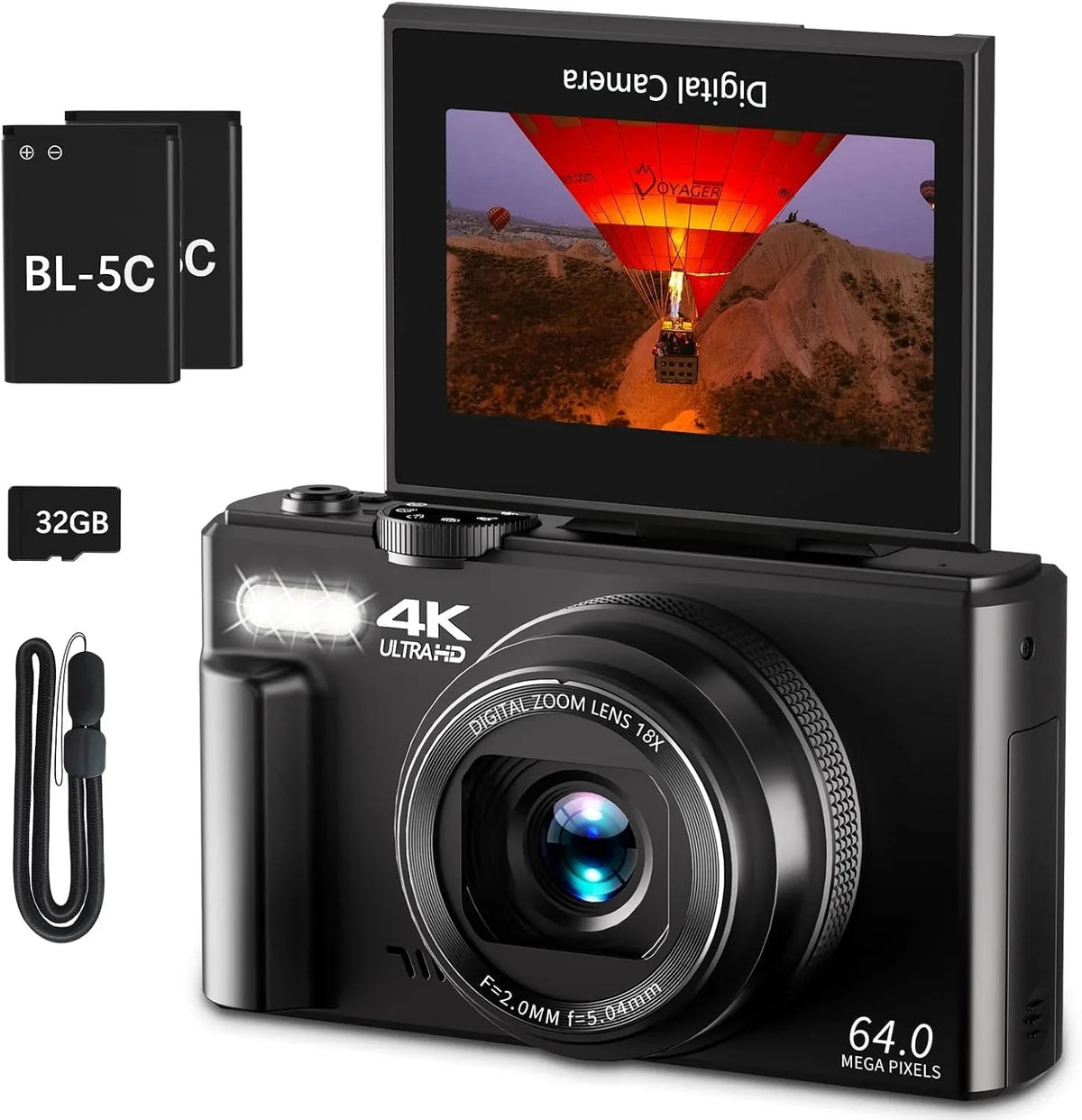 4K Digital Camera for Photography, 64MP Vlogging Camera for YouTube with 3" 180° Flip Screen, 18X Digital Zoom Point and Shoot Camara with 32GB Micro SD Card for Beginner (Black) - image 1