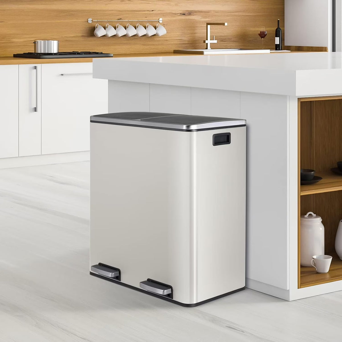 Arlopu 60 L/16 gal Dual Trash Can, Stainless Steel Garbage Can for Kitchen, Recycle Bin with Lid - image 3