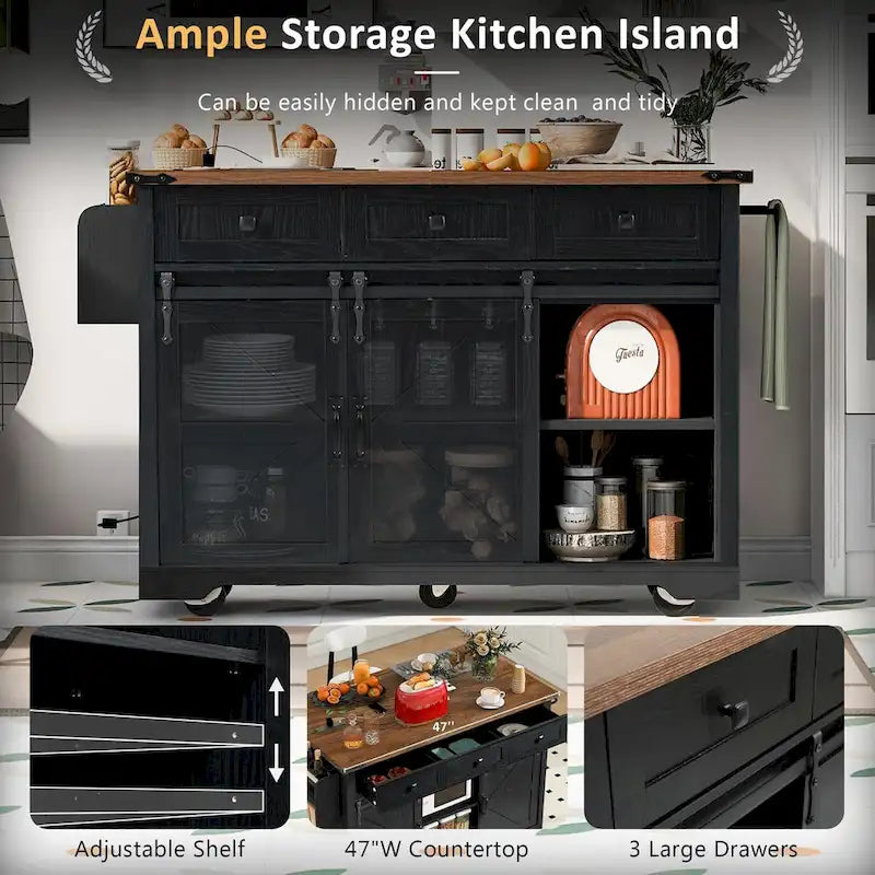 53.7-Inch Farmhouse Kitchen Island with Power Outlet, Featuring 2 Sliding Barn Doors and Drop Leaf Design - image 15