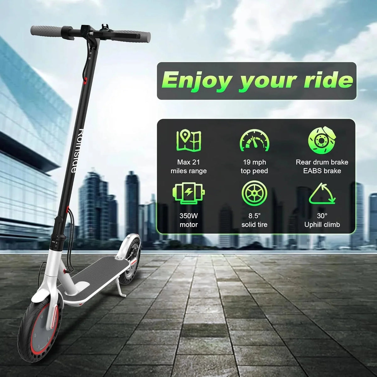 Electric Scooter - 8.5" Solid Tires, 350W Motor, Up to 19 MPH and 21-23 Miles Long-Range Portable Foldable Commuting Scooter for Adults with Double Braking System and App - image 13