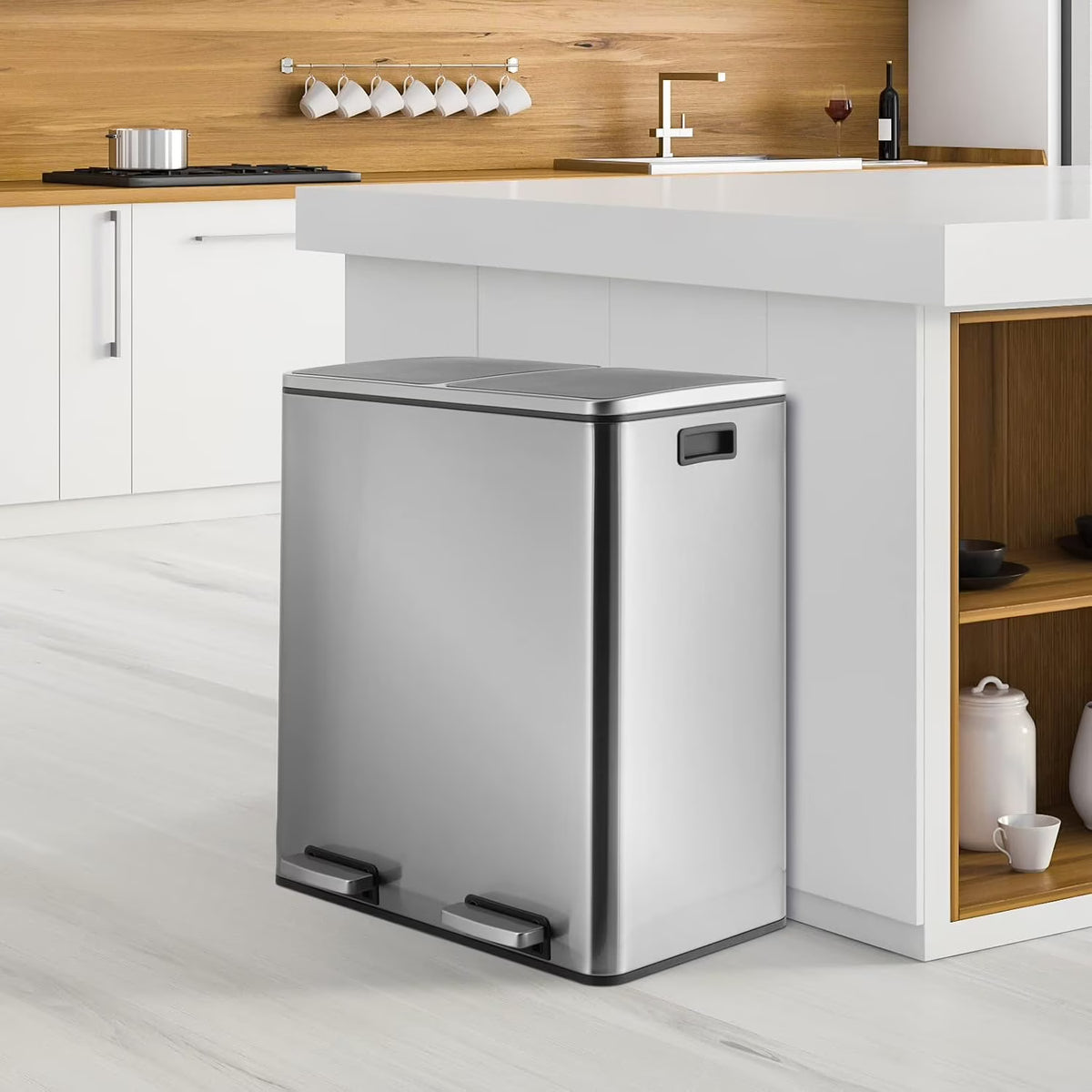 Arlopu 60 L/16 gal Dual Trash Can, Stainless Steel Garbage Can for Kitchen, Recycle Bin with Lid - image 9