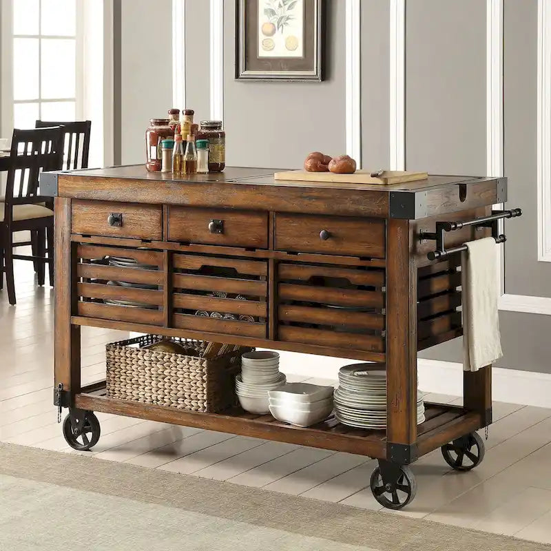 Kitchen Cart with 3 Drawers in Distressed Chestnut - image 2