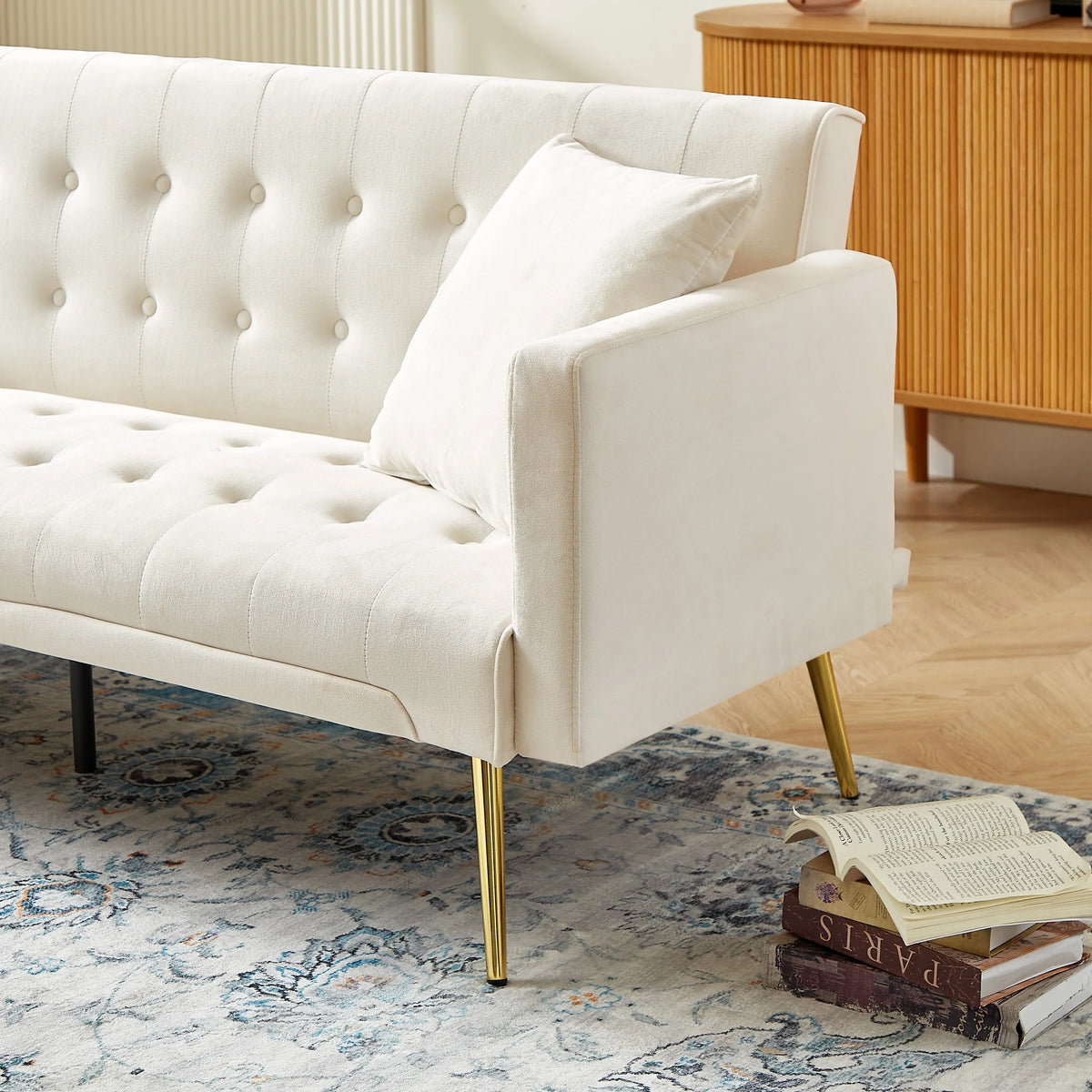 Leumius Velvet Futon Sofa Bed Mid-Century Modern Adjustable Backrest with Pillows, Gray/Gold - image 15