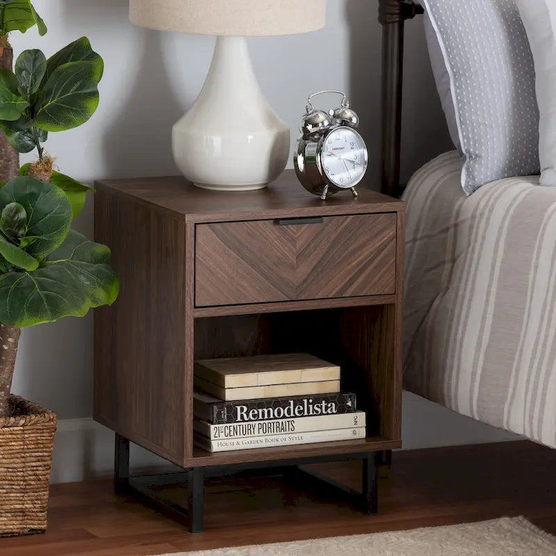 Sadia Contemporary Walnut Brown Wood and Black Metal 1-Drawer Side Table - image 10