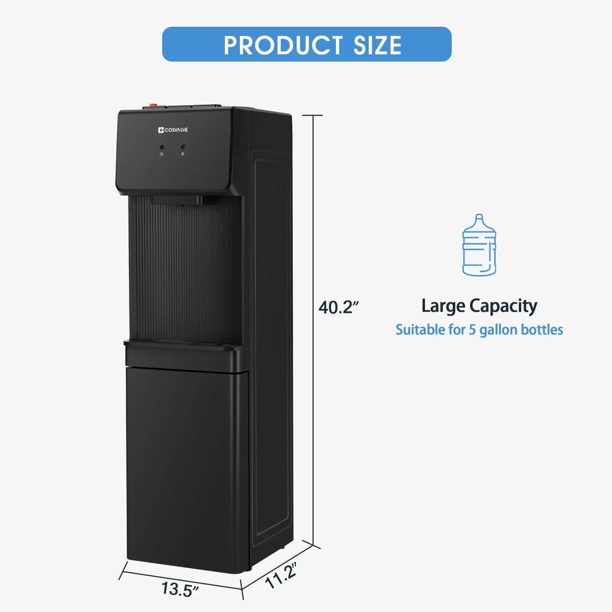 COSVALVE 5 Gallon Hot & Cold Top Loading Water Dispenser Cooler with Freezer Cabinet, Child Safety Lock - image 2