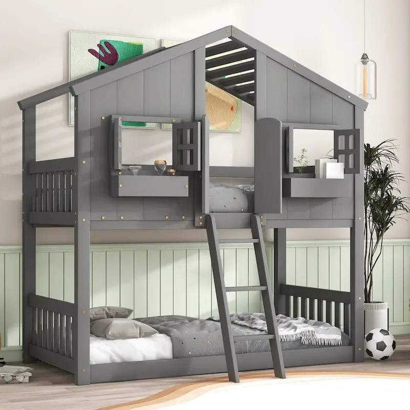 Twin over Twin House Bunk Bed with Roof , Window, Window Box, Door , with Safety Guardrails and Ladder, Grey - image 1