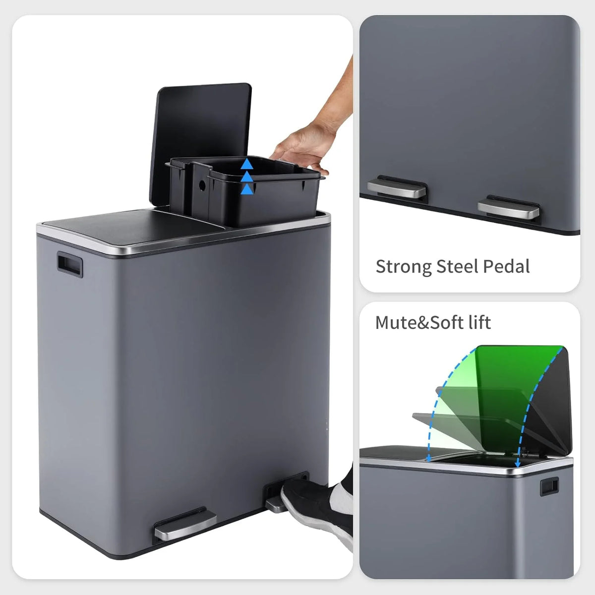 Arlopu 60 L/16 gal Dual Trash Can, Stainless Steel Garbage Can for Kitchen, Recycle Bin with Lid - image 27