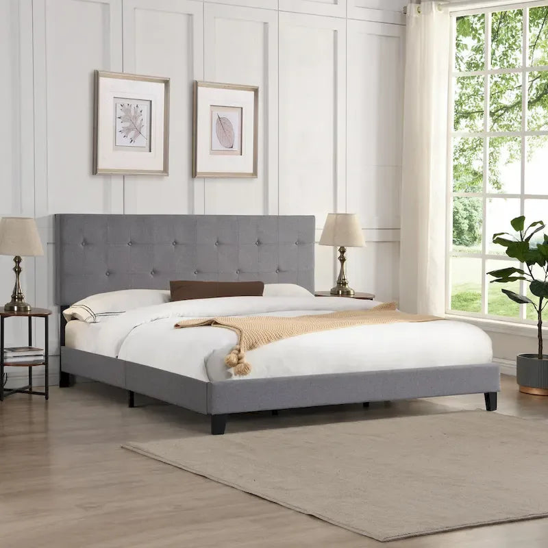 King Size Upholstered Platform Bed with Button-Tufted Linen Headboard - image 3