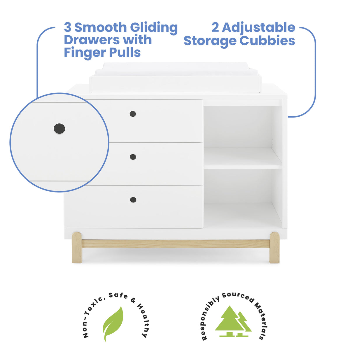 Delta Children Poppy 3 Drawer Dresser with Cubbies and Interlocking Drawers, Bianca White/Natural - image 4