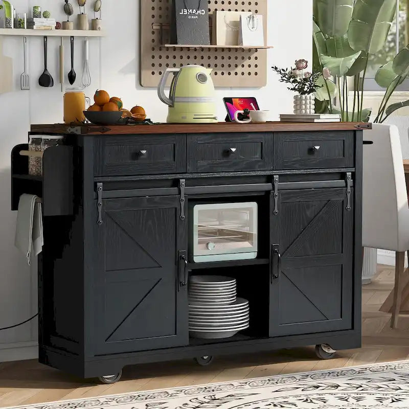 53.7-Inch Farmhouse Kitchen Island with Power Outlet, Featuring 2 Sliding Barn Doors and Drop Leaf Design - image 1