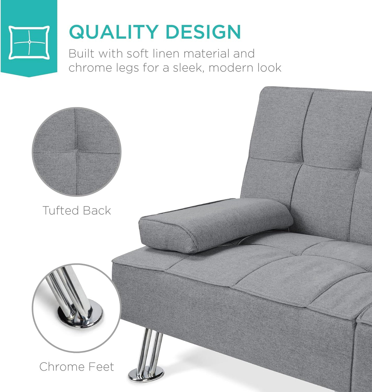 Best Choice Products Linen Upholstered Modern Convertible Folding Futon Sofa Bed for Compact Living Space, Apartment, Dorm, Bonus Room w/Removable Armrests, Metal Legs, 2 Cupholders - Gray - image 33