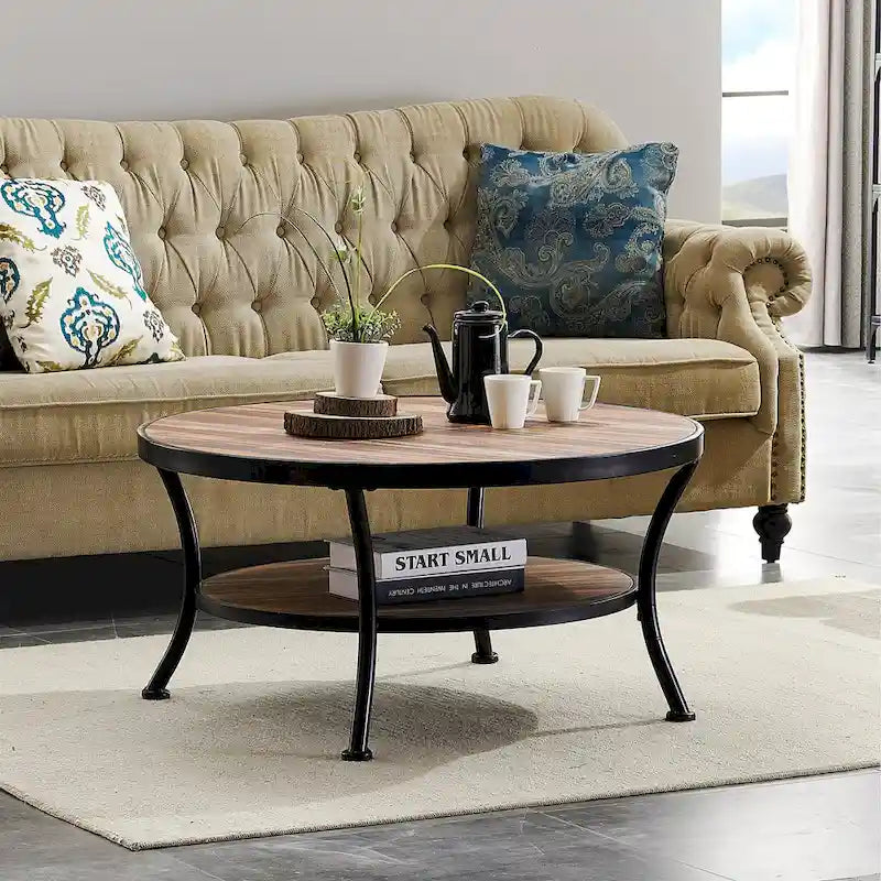Myhozm Industrial Round Metal Coffee Table with Shelf – Perfect for Living Room, Home Office, and Bedroom - image 1