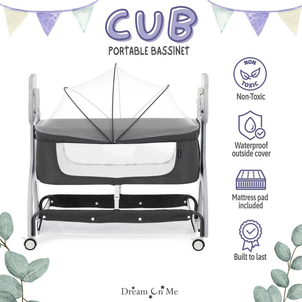 Dream on Me Cub Portable Bassinet in Dark Grey. Multi-Use Baby Bassinet with Locking Wheels - image 3