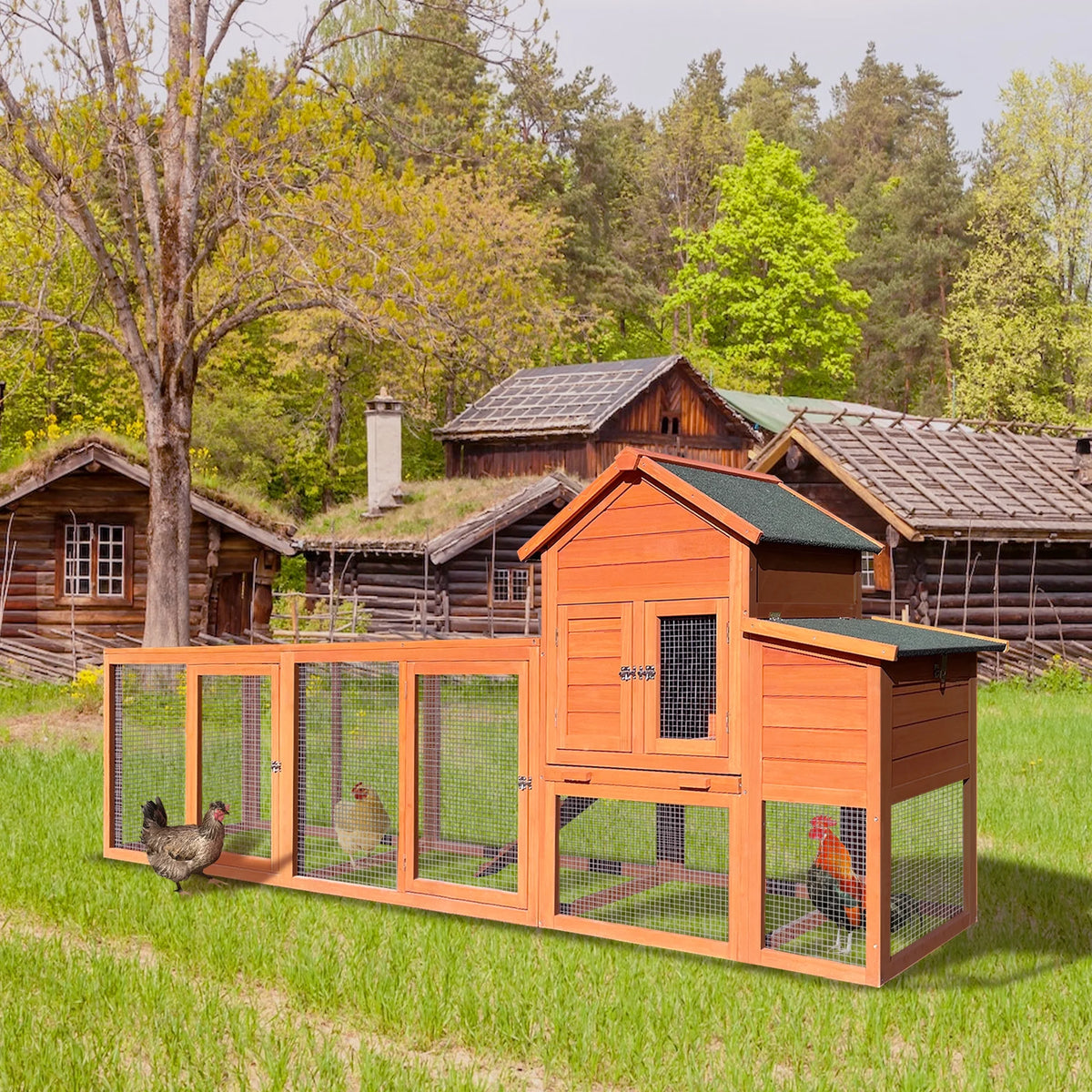 Pefilos 112" Large Rabbit Hutch Outdoor Wood Chicken Coop, Hen House with Nest Box, Wire Fence Poultry Cage, Orange - image 2