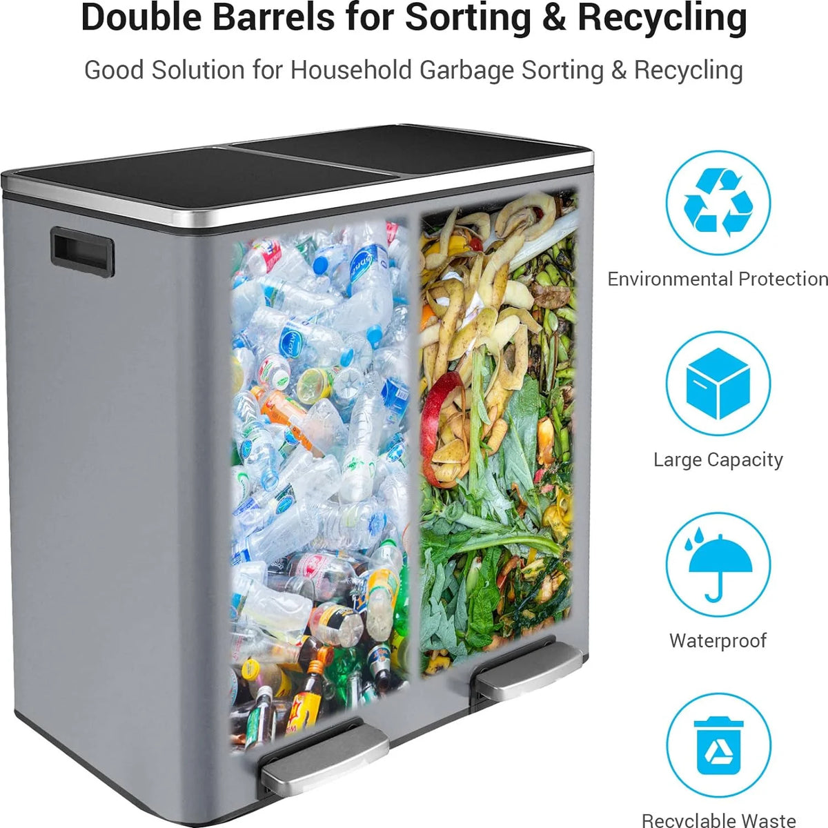 Arlopu 60 L/16 gal Dual Trash Can, Stainless Steel Garbage Can for Kitchen, Recycle Bin with Lid - image 26