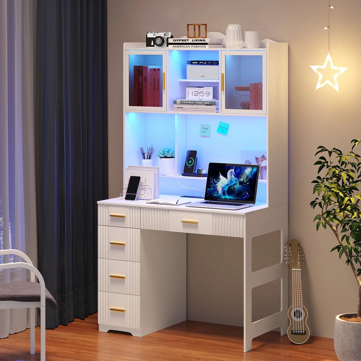 HNEBC LED Study Desk with Hutch and Drawer, Home Office Desk with Outlet, Computer Desk with Charging Station - image 1