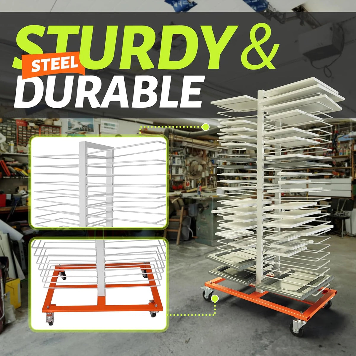 50-Shelf Paint Drying Rack with Wheels, 25lbs/Shelf, Orange/White - image 7