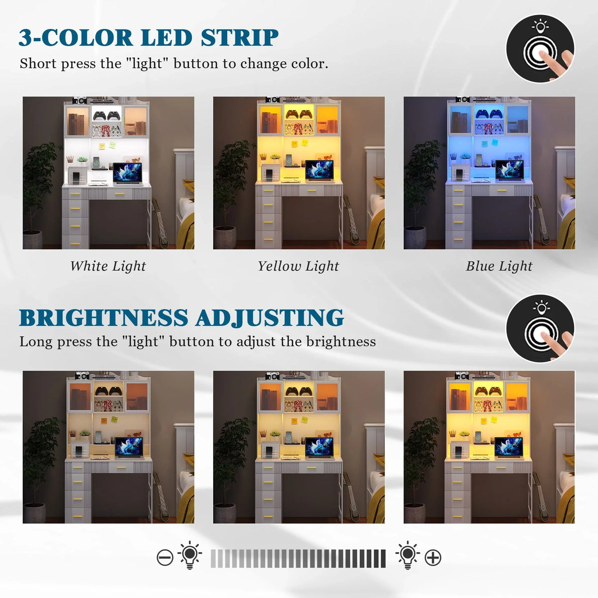 HNEBC LED Study Desk with Hutch and Drawer, Home Office Desk with Outlet, Computer Desk with Charging Station - image 2