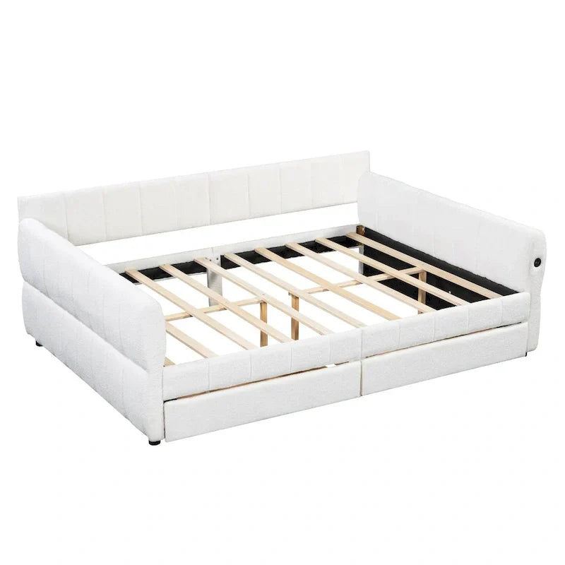 Upholstered Queen Size Daybed Sofa Bed with USB Ports and 2 Drawers - Vertical Stripes Recliner Loveseat Chaise Lounge - image 8
