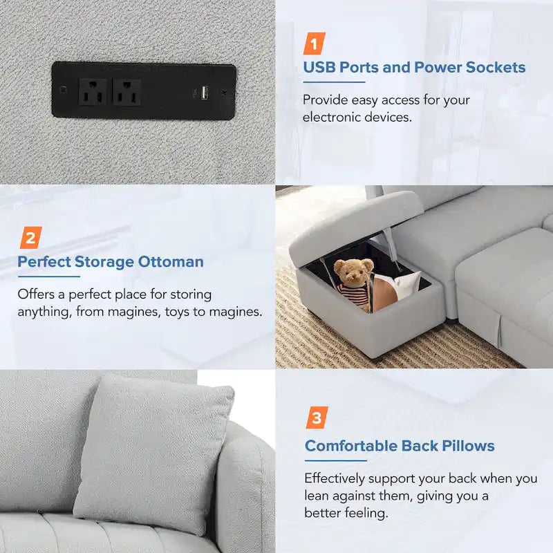 82.6" L-Shaped Sectional Sleeper Sofa Bed with Dual USB Ports, Power Outlets, and Removable Storage Ottoman - Bei - image 10