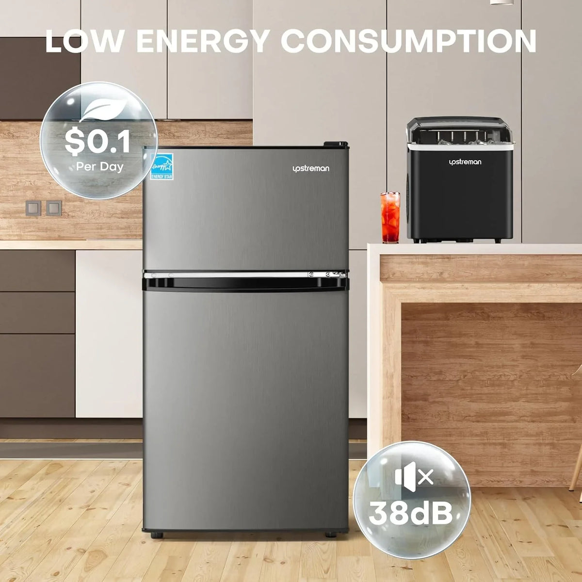 Upstreman 3.1 Cu.Ft Mini Fridge with Freezer, Double Door Small Fridge, Dorm Essentials, Adjustable Thermostat, Energy Saving, Mini Refrigerator for Office, Dorm,Bedroom, Stainless - image 5