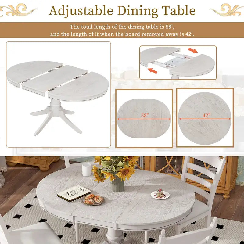 5-Piece Retro Wood Dining Set: Round Extendable Table with 4 Upholstered Chairs - image 10