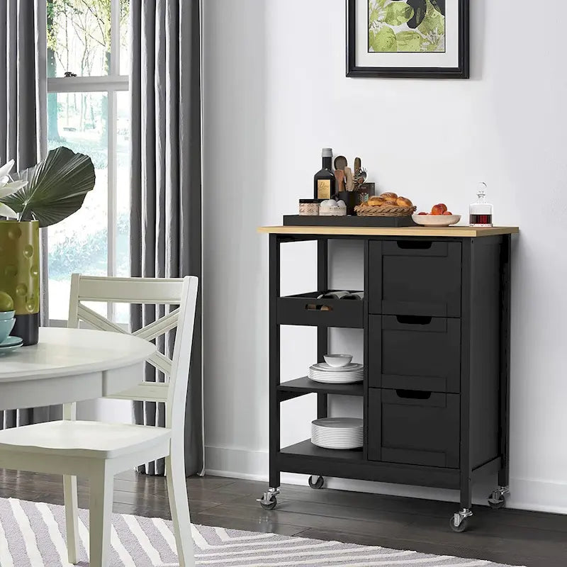 Kleio Solid Wood Kitchen Island Storage Cart with 3 Drawers - Rolling Serving Trolley - image 15