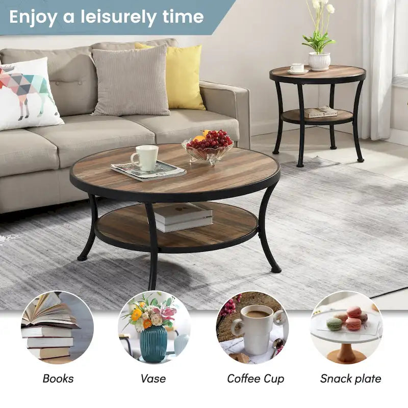 Myhozm Industrial Round Metal Coffee Table with Shelf – Perfect for Living Room, Home Office, and Bedroom - image 12