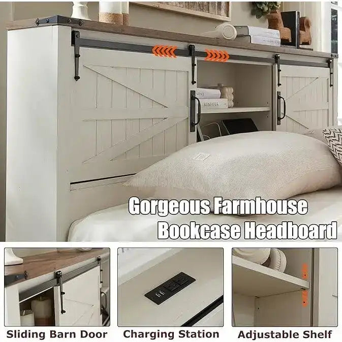 Farmhouse Full Bed Frame with Storage Shelves and Built-in Charging Station - image 15