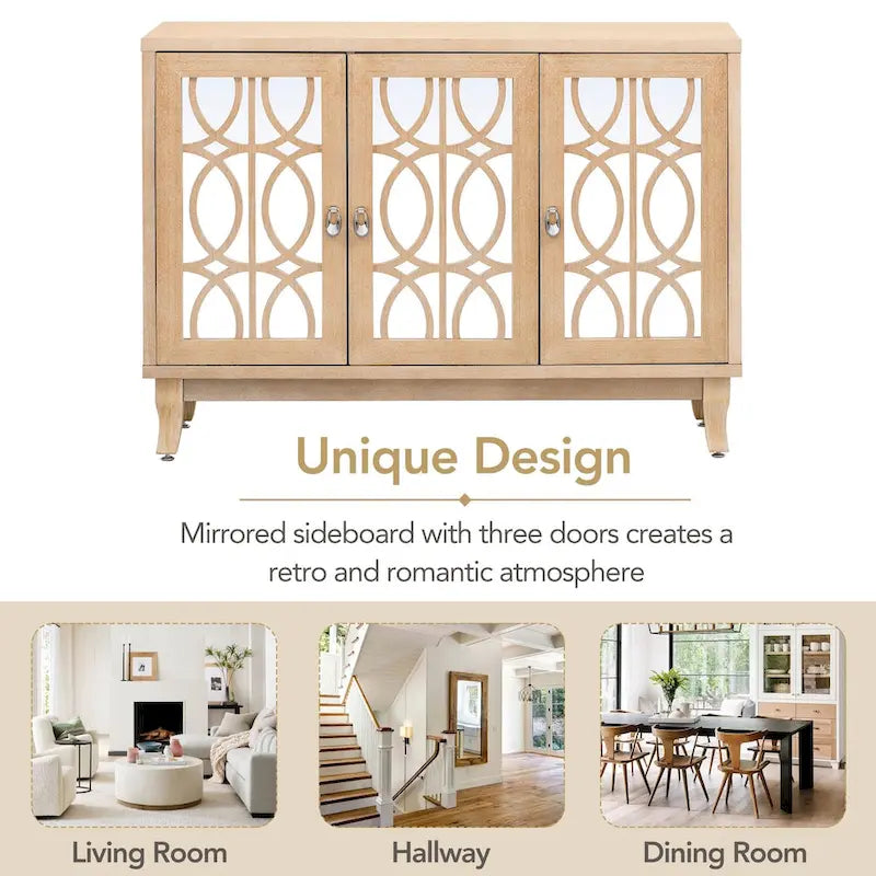 Mirrored Buffet Cabinet with Glass Doors and Silver Handles - 3-Door Sideboard for Living Room, Hallway, and Dining Room - image 17