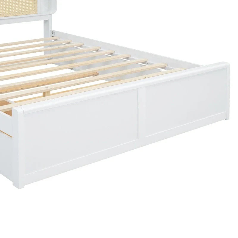 White Queen Size Rattan Bed with Trundle and Dual Storage Drawers - image 12