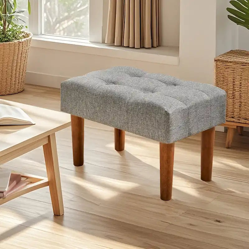 Set of 2 Small Linen Foot Stools with Legs - Rectangle Upholstered Ottoman Footrests - image 12