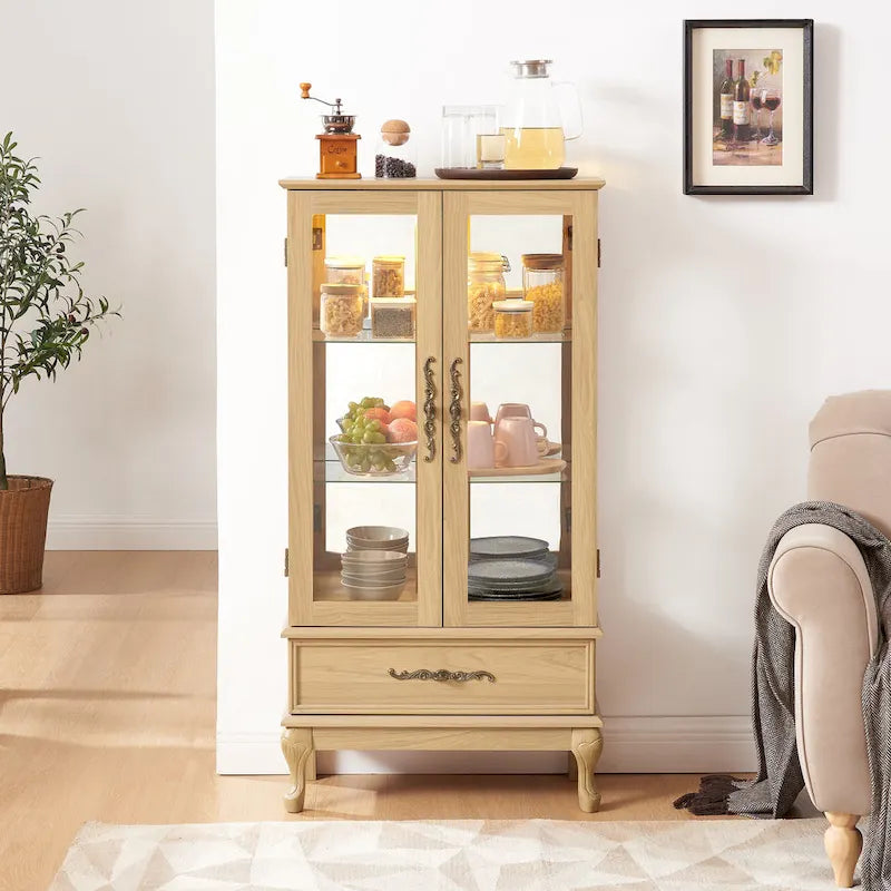 Illuminated Glass Curio Display Cabinet with Adjustable Shelves, Double Doors, and Drawer - Glass Wine Storage Solution - image 13