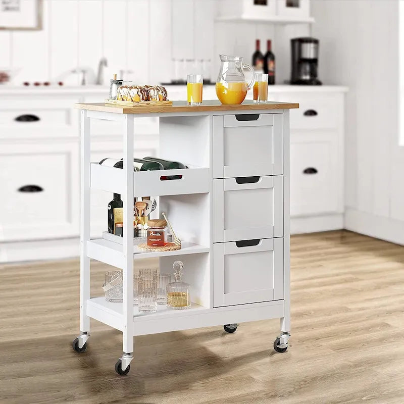 Kleio Solid Wood Kitchen Island Storage Cart with 3 Drawers - Rolling Serving Trolley - image 4