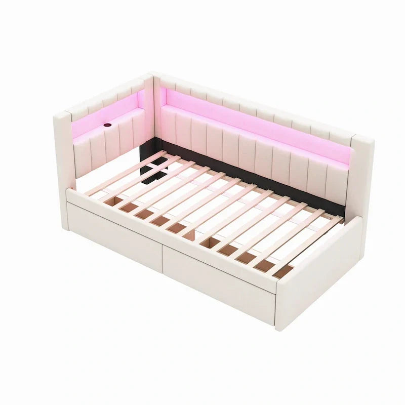 Upholstered Platform Bed with USB Ports & LED Lighting - Full/Twin Size Bed Frame with 2 Storage Drawers - Modern Bedroom - image 8