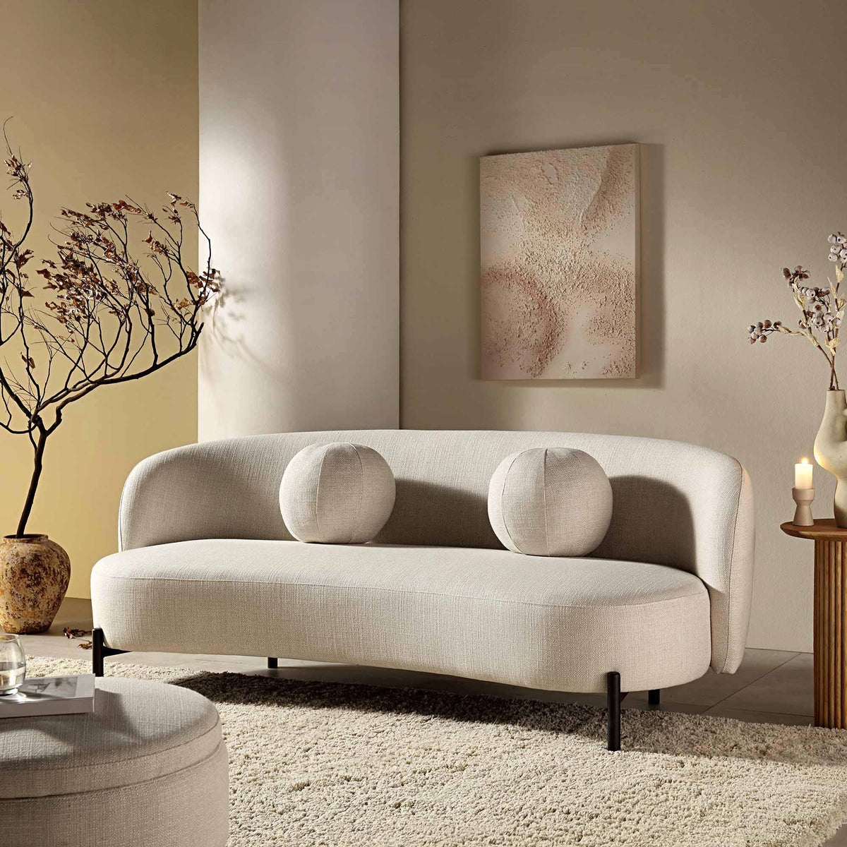 3-Seater Curved Sofa with Ball Cushions, Beige Linen Blend - image 1
