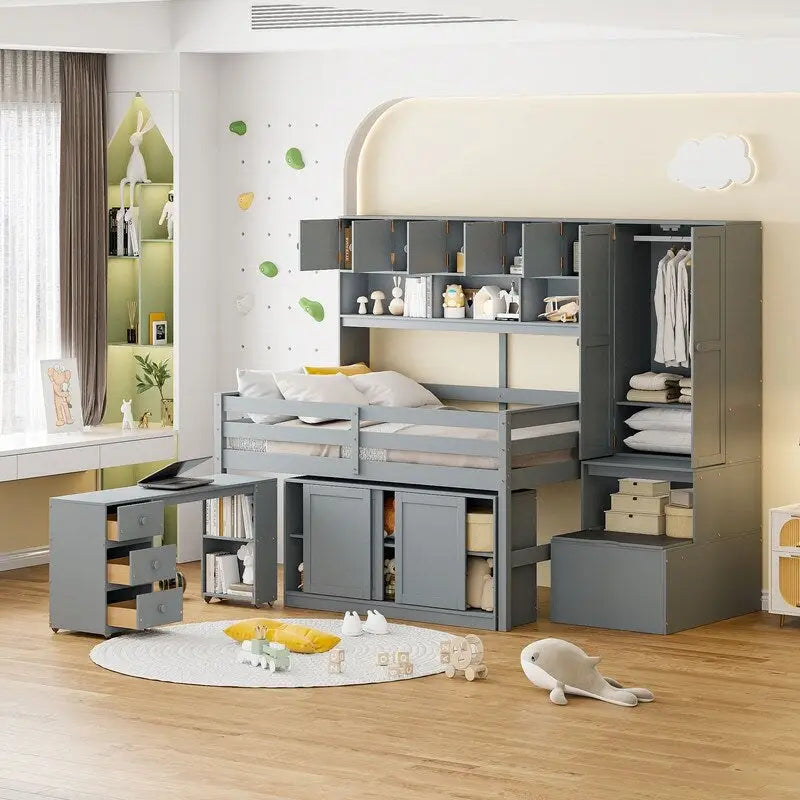 Spacious Wooden Loft Bed with Ample Storage, Under-Bed Desk, Drawers, and Shelves - image 1