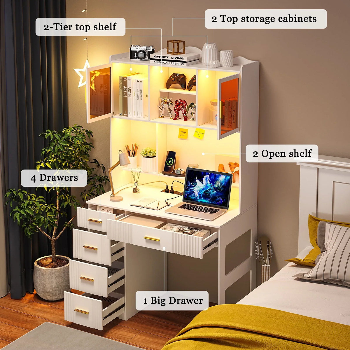 HNEBC LED Study Desk with Hutch and Drawer, Home Office Desk with Outlet, Computer Desk with Charging Station - image 4