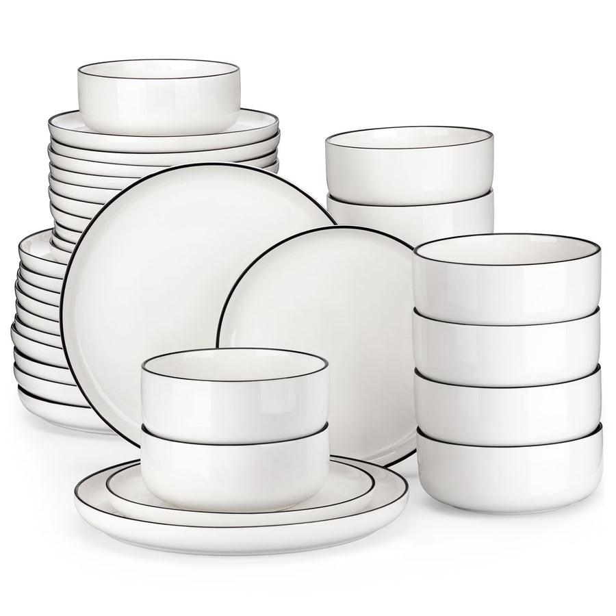 vancasso 36 Pieces Dinnerware Sets, Plates and Bowls Set for 8, Porcelain Dinner Set, White with Black Rim - image 1