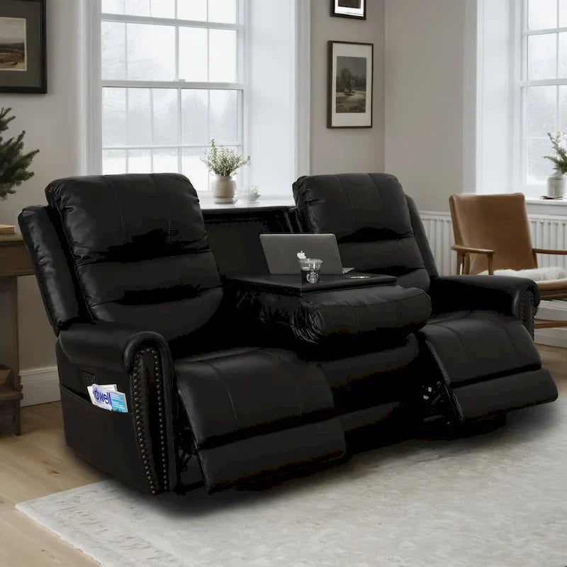 Authentic Leather Black Power Recliner Sofa Set: Loveseat and Recliner with Adjustable Headrest and Extendable Footrest - image 6