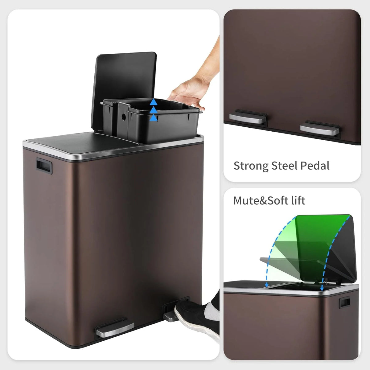 Arlopu 60 L/16 gal Dual Trash Can, Stainless Steel Garbage Can for Kitchen, Recycle Bin with Lid - image 35