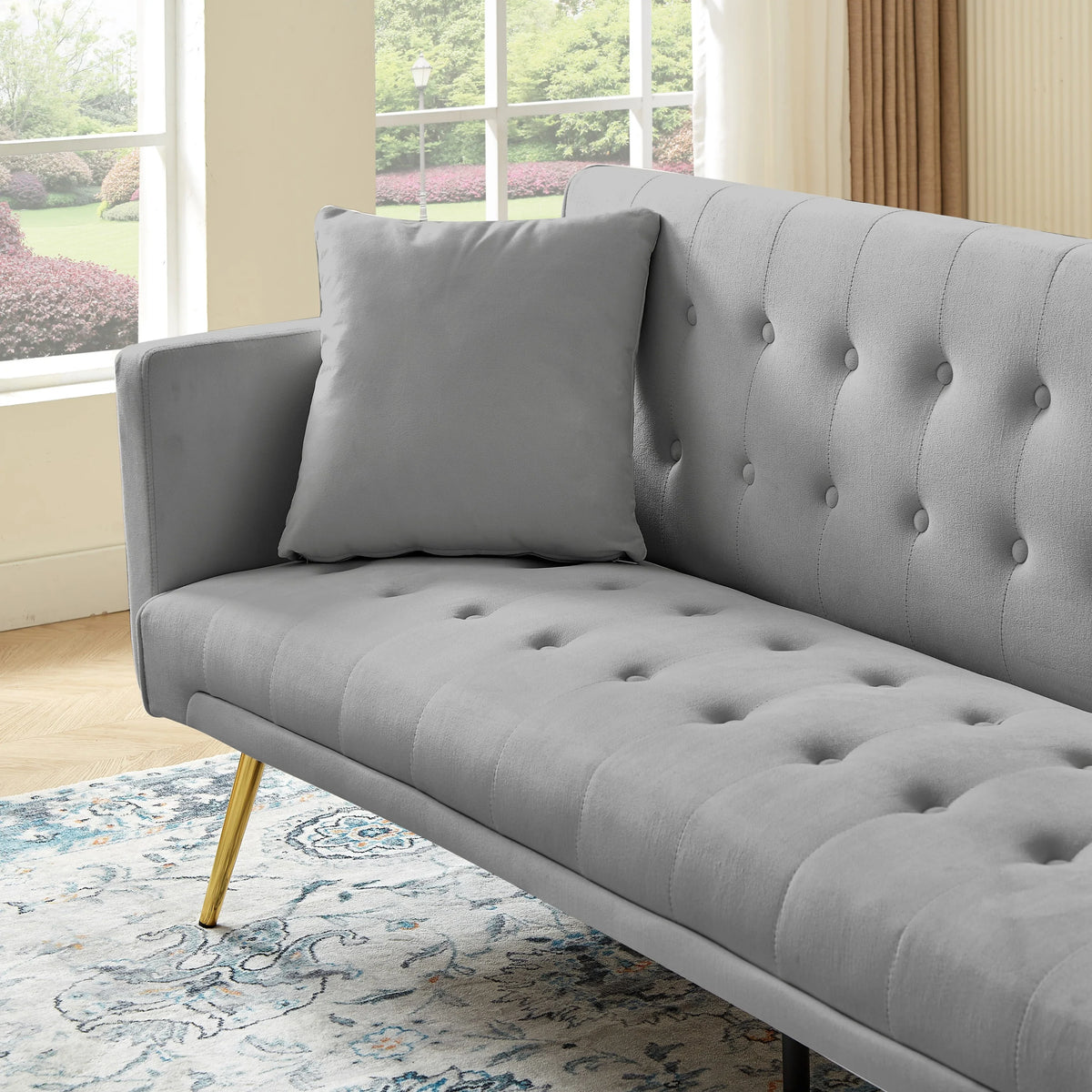 Leumius Velvet Futon Sofa Bed Mid-Century Modern Adjustable Backrest with Pillows, Gray/Gold - image 6