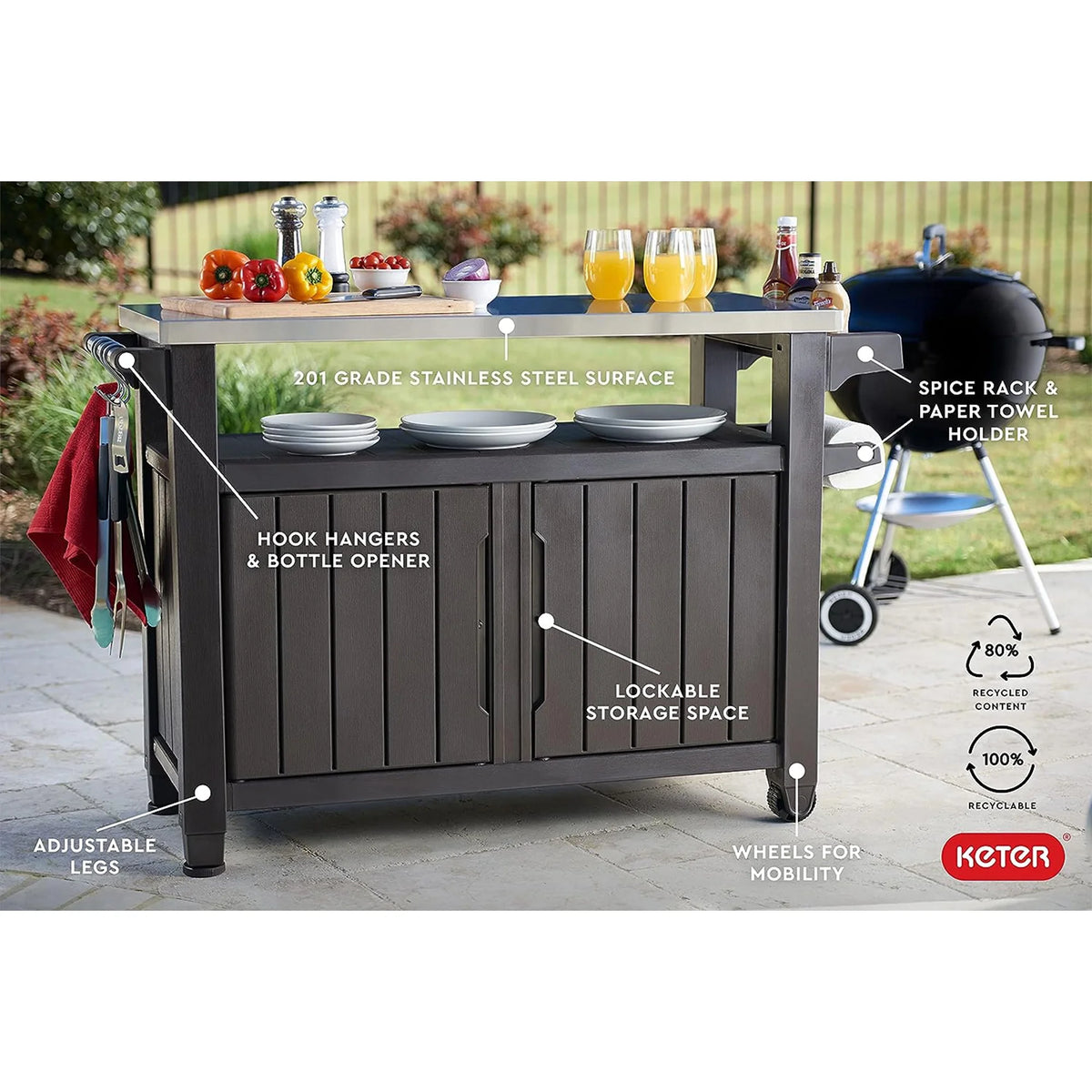 Keter Unity XL Outdoor Durable Kitchen Rolling Bar Cart with Storage Cabinet, Brown - image 4