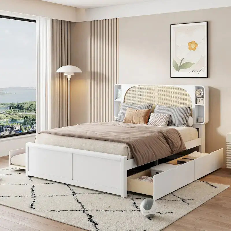White Queen Size Rattan Bed with Trundle and Dual Storage Drawers - image 2