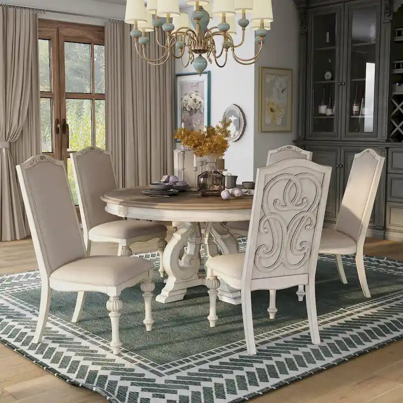 Caelum 7-Piece Round Dining Set with White Fabric Upholstery by The Gray Barn - image 1