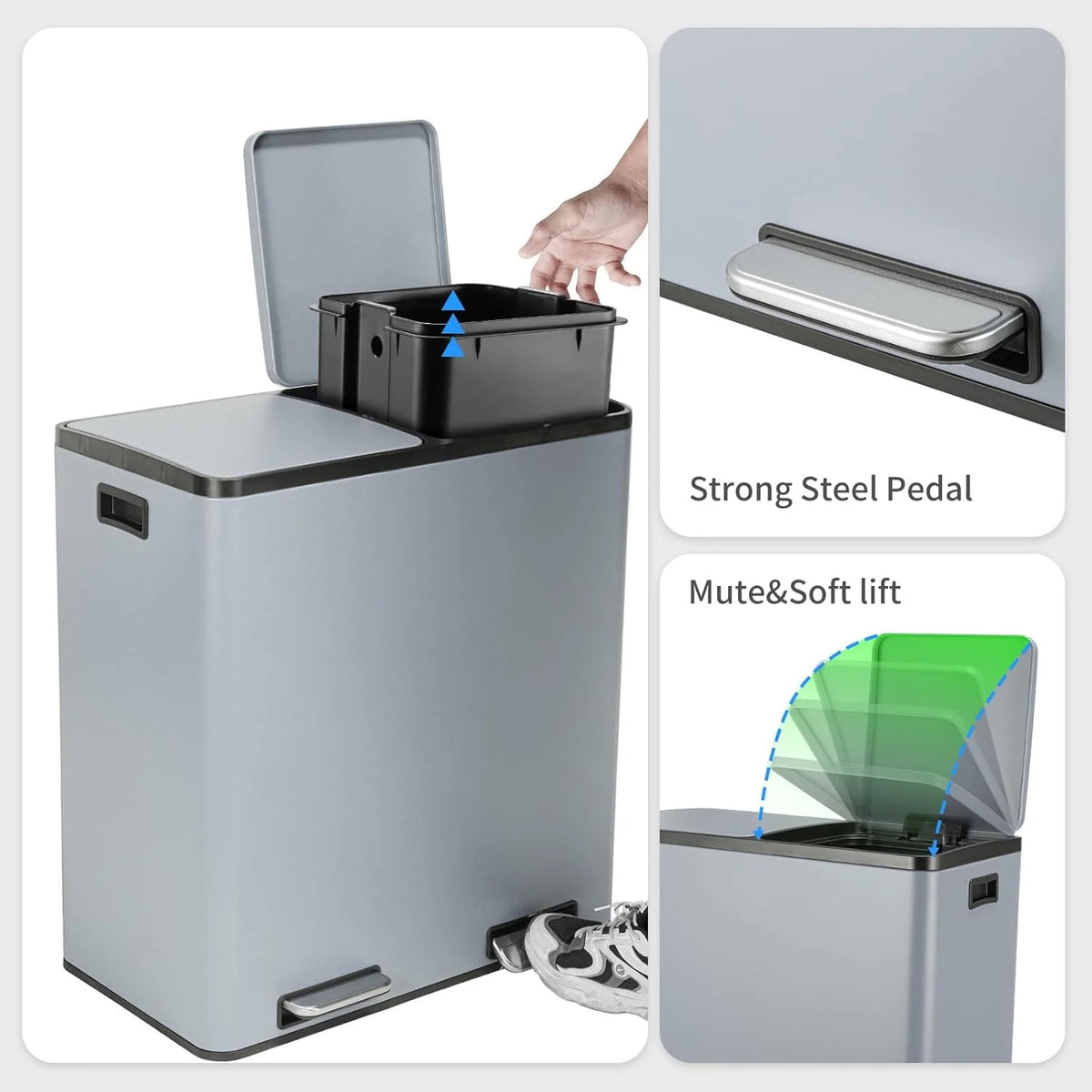 Arlopu 60 L/16 gal Dual Trash Can, Stainless Steel Garbage Can for Kitchen, Recycle Bin with Lid - image 40